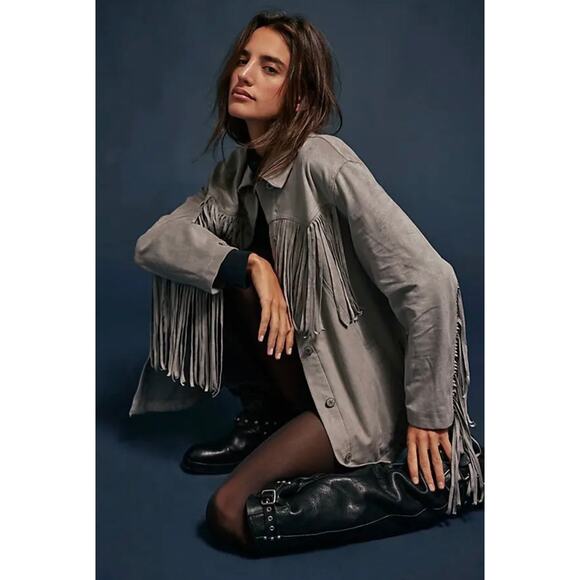 Free People Fringe Out Vegan Suede Faux Leather Gray Grey Jacket Western Small - Picture 2 of 11